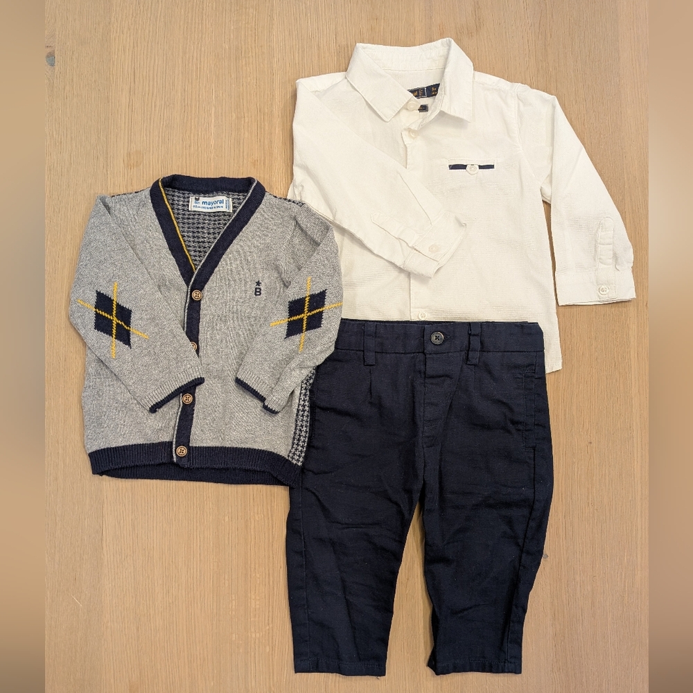 Mayoral White Shirt and Gray Cardigan Set